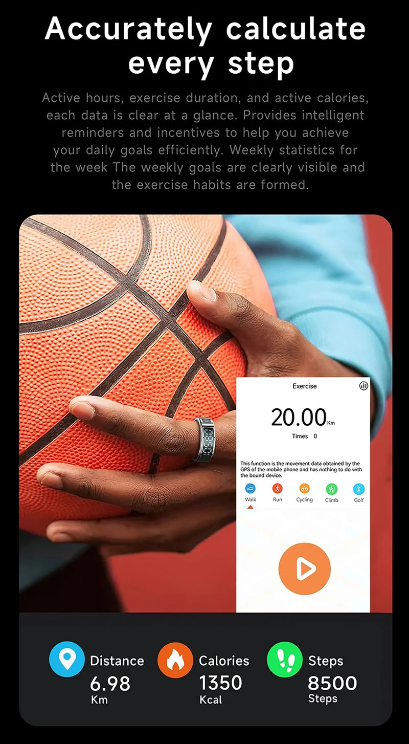 Smart Ring - Waterproof 5ATM, Bluetooth Health Tracker, Heart Rate & Sleep Monitor